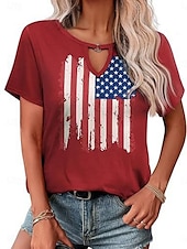 voordelige Onafhankelijkheidsdag Top-Vrouwen Blouse Vlag Stijlvol Casual Korte Mouw Crewneck Regelmatige Tops Dagelijks Print Zwart Rood Marineblauw Zomer