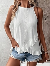 cheap Plain Tank Top-Women&#039;s Camisole Tank Top Plain Elegant Casual Sleeveless Crew Neck Regular Tops Daily Holiday Eyelet Black White Pink Summer Spring