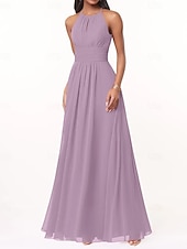 cheap Bridesmaid Dresses-A-Line Bridesmaid Dress Halter Neck Sleeveless Elegant Floor Length Chiffon with Pleats / Ruching