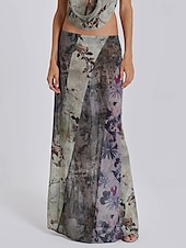 preiswerte Grafische Röcke-Damen Rock Gerade Mode Boho Maxi Mittlere Hüfthöhe Röcke Blumen Druck Mikroelastisch Straße Ausgehen Grau Sommer Polyester