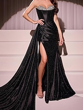preiswerte Ballkleid-Perlenbesetztes Satin Kleid Meerjungfrau  Trompete Abschlussballkleider Elegantes Kleid Formell Semi-Formell Hochzeit Sweep  Brush Train Ärmellos Herzkristall-Ausschnitt Satin mit Glitter Raffung