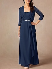 billiga Golvlängd-Tvådelad A-linjeformad Mor till Brud-Klänning Bröllopsgäst Elegant Söt Rundhalsad Golvlängd Chiffon Spets 3/4 Längd Ärmar med Spetspärlor Volanger