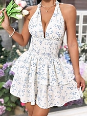 ieftine Rochii casual florale-Pentru femei Rochie Mini Rochie casual Rochie florala Modă În aer liber Petrecere Concediu Fit regulat Floare Fără manșon În V Roz Îmbujorat Albastru piscină Vară