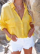 abordables Hauts Unis pour Femmes-Femmes Chemise Couleur Unie Élégant ancien Occasionnel manche longue Col de chemise Hauts Réguliers Quotidien Fête Blanche Jaune Vert Claire Rose Claire Violet Été Printemps