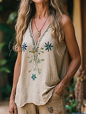 economico Camicie-Per donna Camicie di cotone e lino Camicia Boho Set ispirati al lino Blusa Fiore Moderno Boho Senza Maniche Scollo a V Top Regolari Quotidiano Uscire Stampato Albicocca Estate