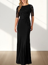 voordelige Vloerlengte-Zeemeermin  Trompet Moeder Van De Bruid Jurk Bruiloft Gast Elegante Crew Hals Vloerlengte Chiffon Halve Mouw Met Applicaties