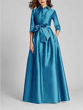 preiswerte GELB-A-Linien-Abendkleid Champagner Gold Minimalistisches Kleid Formal Hochzeitsgast Bodenlang Halber Ärmel Hemdkragen Satin mit Schleife(n) Falten