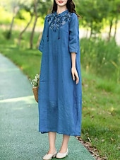 ieftine Rochii-Pentru femei Rochii Midi Rochie din in bumbac Rochie florala Modă Modern Vacanță Zilnic Concediu Fit regulat Floare Manșon Jumate Guler de stand Roz Îmbujorat Albastru piscină Trifoi Caisă Vară
