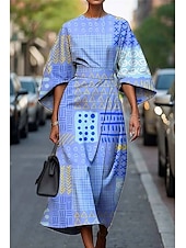 abordables Robes Floraux Imprimés-Femmes Robe Longue Maxi Robe Robe Décontractée Robe d&#039;été Mode Moderne Quotidien Date Week-end Coupe régulière Géométrique Manche 3/4 Col ras du cou Rose Claire Bleu Violet Fuchsia Été