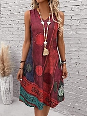 tanie Sukienki boho-Damskie Sukienka mini Sukienka letnia Sukienka A line Letnie sukienki Urlop Codzienny Boho Regularny Graficzny Geometryczny Kolorowy blok Bez rękawów Dekolt w kształcie litery U Ciemnoczerwony