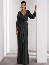 economico VERDE-Linea ad A Abito da Sera Elegante Vestito Formale Matrimonio Lunghezza al pavimento Manica Lunga Scollo a V Crepe Elasticizzato con Volant 2025
