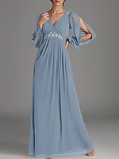 cheap Floor Length-A-Line Mother of the Bride Dress Wedding Guest Elegant V Neck Floor Length Chiffon Long Sleeve with Beading Appliques Ruching