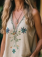 economico Camicie-Per donna Camicie di cotone e lino Camicia Boho Set ispirati al lino Blusa Fiore Moderno Boho Senza Maniche Scollo a V Top Regolari Quotidiano Uscire Stampato Albicocca Estate