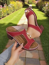 economico Sandali Comodi-sandali da donna con cinturino a T rosso - tacco comodo e design traforato, ideali per abbigliamento casual ed eventi estivi alla moda