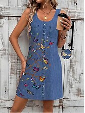 preiswerte Blumenkleider-Damen Minikleid Sommerkleid A Linie Kleid Urlaub Lässig Täglich Normale Passform Blumen Grafik Ärmellos U-Ausschnitt Blau Dunkelblau Sommer