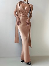 cheap BLUE-2-in-1 Dress Cape Dress Mermaid / Trumpet Evening Gown Elegant Dress Formal Semi Formal Dress Wedding Floor Length Sleeveless V Neck Satin Backless with Bow(s) Pleats Slit