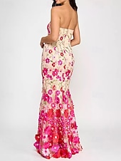 cheap PINK-Hot Pink Mermaid / Trumpet Evening Gown Elegant Dress with Stretch Crepe Jacket Semi Formal Wedding Floor Length Sleeveless Strapless Floral Embroidery Lace