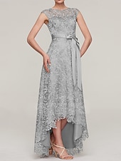 abordables Longueur du plancher-Robe Mère de la Mariée A-Line Bleu Ciel Élégante Invité de Mariage Simple Luxueuse Col Bateau Longueur de Sol Satin Ceinture Dentelle Sans Manches