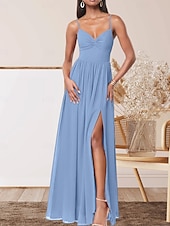 abordables Robes de demoiselle d&#039;honneur-Robe de demoiselle d&#039;honneur trapèze, col en V, sans manches, élégante, longueur au sol, en mousseline extensible avec plis / devant fendu / froncé 2025