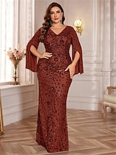 economico VERDE-Abiti Plus Size Sirena  Tromba Elegante Abito Curvilineo Formale Matrimonio Lunghezza Piena a Manica Lunga con Scollatura a V in Paillettes con Paillettes