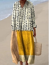 cheap Stripe&amp;Geometric Dress-Women&#039;s Midi Dress Sundress A Line Dress Vacation Casual Boho Going out Beach Graphic Geometric Stripe Long Sleeve V Neck Black Yellow Dark Pink Blue Summer Spring