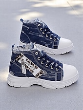 preiswerte Damen-Sneaker-Damen-Denim-High-Top-Plateau-Sneaker mit Leoparden-Detail – lässige Streetstyle-Schnürschuhe für Teenager und junge Erwachsene