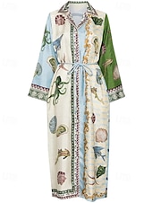 economico disegnare abiti in cotone e lino-Per donna Abito Lungo Maxi Abito Abiti in cotone e lino Vestito Casual Moda All&#039;aperto Feste Ferie Vestibilità regolare Animale Manica Lunga Colletto a Camicia Blu Estate