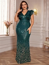 baratos Champanhe-Vestidos Sereia  Trompete Plus Size Vestido Elegante Curvas Formal Casamento Comprimento do Chão Sem Mangas Decote em V Com Lantejoulas com Lantejoulas