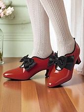 ieftine anii 1920-Pantofi de damă din piele lăcuită roșie cu toc jos – pantofi cu vârful ascuțit, stil vintage anii 1920, cu fundă neagră, pentru petreceri de ceai, nunți și evenimente retro