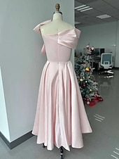 olcso Koktélruhák-Sárga Kék Fekete A-vonalú Koktélruha Elegáns Ruhák Formális Esküvői Vendég Boka Hosszú Rövid Ujjú Egy Vállú Rózsaszínruha Sátén Masni(jal)