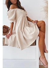 abordables Robes décontractées blanches-Femmes Mini Robe Robe Décontractée Robe d&#039;été Basique Moderne Quotidien Week-end Coupe régulière Uni Manche Courte Épaules Dénudées Noir Blanche Abricot Été