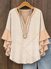 tanie Damskie topy w paski i geometryczne-Damskie Bluzka Graficzny Geometryczny Prążki Zabytkowe Codzienny Elegancki Rękaw 3/4 W serek Zwykłe topy Codzienny Święto Ubrania wakacyjne Falbana Nadruk Czarny Żółty Rumiany róż Niebieski Fioletowy