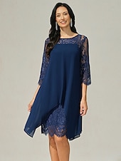 abordables Robe Simple-robe d&#039;invitée de mariage pour femme robe unie robe midi dentelle mousseline patchwork décontracté col rond manches 3/4 robes de cocktail robes formelles couleur bleue