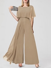 baratos Macacões da mamãe-Jumpsuits para Convidadas de Casamento Elegantes Formais Comprimento Longo Mangas Curtas Decote Joaninha Chiffon com Franjas 2025 tamanho personalizado gratuito