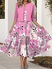 ieftine rochie florală-Pentru femei Set de rochii Rochie A line Rochie de vară Petrecere Rochii Semi Formale Floral Grafic Imprimeu Rochii Midi Manșon Jumate În V Invitat la nunta Zilnic Roz Îmbujorat Albastru piscină Mov