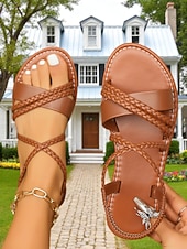 voordelige Platte Sandalen-Bruine sandalen met gevlochten bandjes voor dames – casual open teen sandalen in boho-stijl voor de zomer, voor dagelijks gebruik, strandvakanties en uitstapjes in de buitenlucht