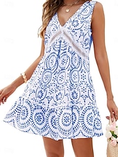 tanie Sukienki boho-Damskie Sukienka mini Sukienka A line Codzienny Na zewnątrz Wyjściowe Regularny Kwiaty Graficzny Bez rękawów W serek Czarny Czerwony Niebieski Zielony Lato Wiosna