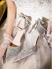 economico sposa-Scarpe da sposa con tacco argento scintillante da donna con fiocco – eleganti scarpe da sposa con punta a punta e cinturino alla caviglia per la sposa