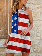 preiswerte Unabhängigkeitstag Kleid-Frauen Patriotisches Mini Kleid Sommerkleid Halter Kleid Strapless Kleid Freizeit Täglich Reguläre Passform Flagge Ärmellos Halter Ausschnitt Weinrot Blau Sommer