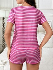 cheap Women&#039;s Pajama Sets-Women&#039;s Pajamas Loungewear Pajama Set Pajama Shorts Simple Casual Comfort Stripe Seamless Pullover Shorts Home Daily Short Sleeve Crew Neck Pink Summer Loose Fit