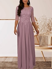 baratos Comprimento do chão-Vestido para Mãe da Noiva em A Convidada de Casamento Elegante Decote Redondo Comprimento até o Chão Chiffon Manga Curta com Pregas e Apliques