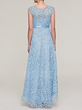 abordables Longueur du plancher-Robe Mère de la Mariée A-Line Bleu Ciel Élégante Invité de Mariage Simple Luxueuse Col Bateau Longueur de Sol Satin Ceinture Dentelle Sans Manches