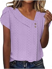 ieftine tricou simplu-Tricou pentru Femei Culoare Uniformă Simplă Modă Stilat Modern Mâneci Scurte Gât în V Ținute Zilnice Weekend Butoni Ochii Alb Galben Roz Albastru Violet Vară