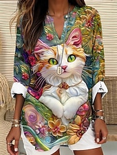 abordables Animaux Tops-Femmes Hauts d&#039;été Graphique Chat ancien Tropical Hawaïen manche longue Col en V Hauts Réguliers Quotidien Fête Tenue de plage Imprimé Bleu Vert Beige Été Printemps