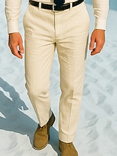 baratos Magro-Homens Social Calças de linho Calças chinês Botões Bolsos Tecido Conforto Formal Festa Trabalho Moda Estilo Clássico Branco Cáqui Micro-Elástica