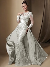 economico BLU-Abito da festa sirena Madre della Sposa Abito Ospite di matrimonio Elegante Collo gioiello Treno a strascico  spazzola Stretch raso Manica lunga con pizzo paillettes arricciato per impressionare 2025