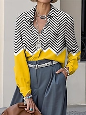 levne Dámské pruhované a geometrické topy-Dámská košile button down tunika s límečkem dlouhým rukávem grafické geometrické kostičkované ležérní pravidelné topy na práci denní potisk žlutý červený modrý fialový duhový jaro podzim