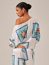 お買い得  ブラウス＆シャツ-女性用 女性 ブラウス フラワー 幾何学模様 果物 カジュアル 祝日 デイリーウェア パフスリーブ ホワイト ワンショルダー 長袖 エレガント 旅行度假风 カジュアル 普段着 ワンショルダー 夏 春 秋