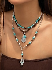cheap Women&#039;s Necklace-Women&#039;s Western Layered Turquoise Beaded Necklace Set – Boho Statement Jewelry with Cactus &amp; Teardrop Charms, Ideal for Festivals, Country Concerts and Casual Wear