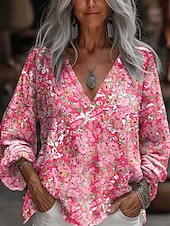 billige Blomstrete topper-Dame Bluse Blomstret Grafisk Stilfull Fritid 3/4 ermer V-hals Vanlige topper Daglig Rød Blå Lilla Sommer